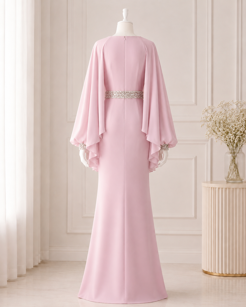 Elegant Dusty Pink Evening Gown with Cape Sleeves SL204