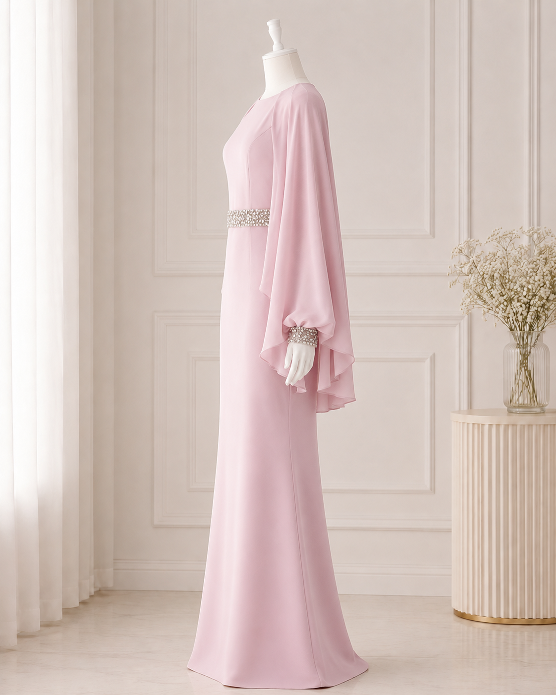 Elegant Dusty Pink Evening Gown with Cape Sleeves SL204