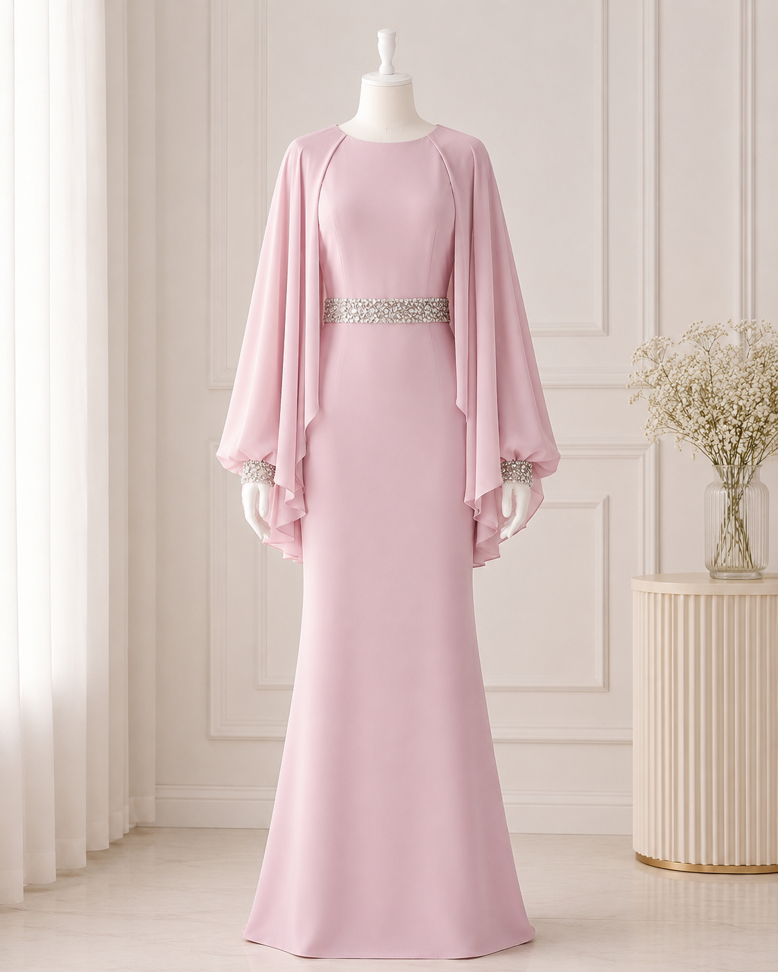 Elegant Dusty Pink Evening Gown with Cape Sleeves SL204