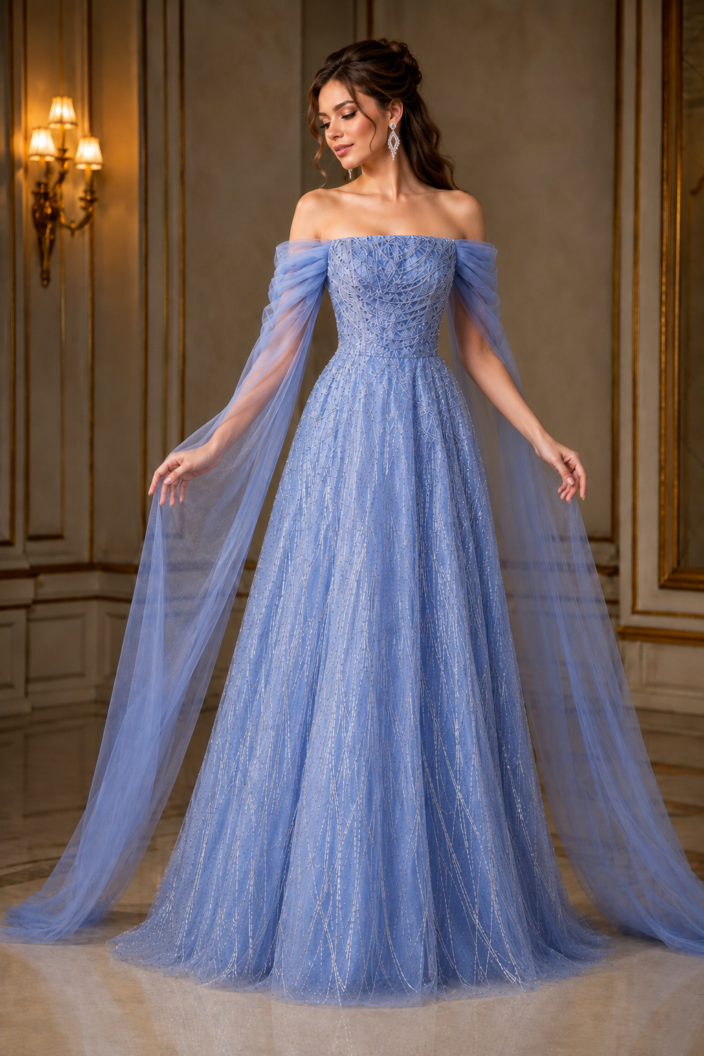 Romantic Blue Off-Shoulder Evening Gown with Soft Tulle Draping SL205