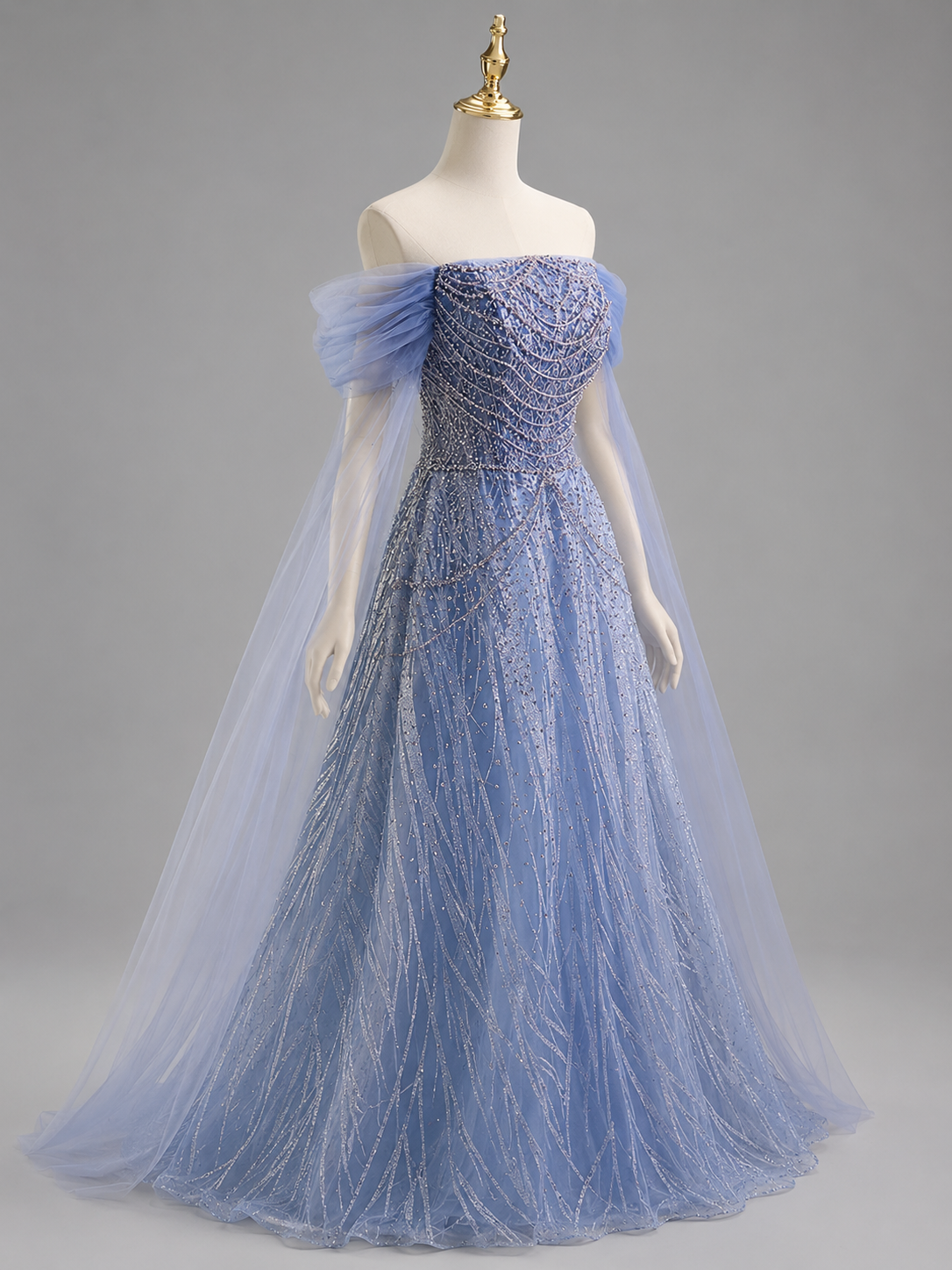Romantic Blue Off-Shoulder Evening Gown with Soft Tulle Draping SL205