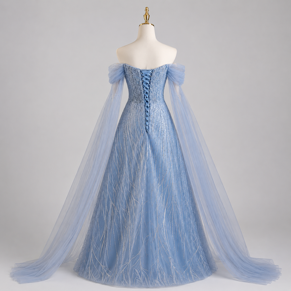 Romantic Blue Off-Shoulder Evening Gown with Soft Tulle Draping SL205