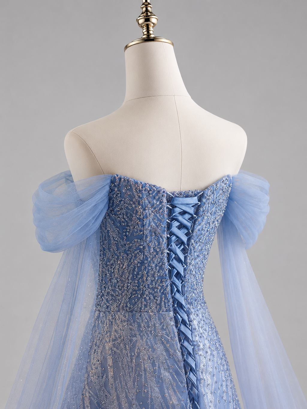 Romantic Blue Off-Shoulder Evening Gown with Soft Tulle Draping SL205