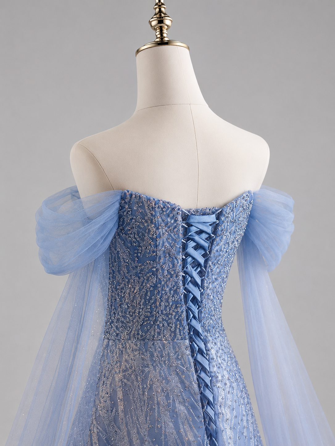 Romantic Blue Off-Shoulder Evening Gown with Soft Tulle Draping SL205