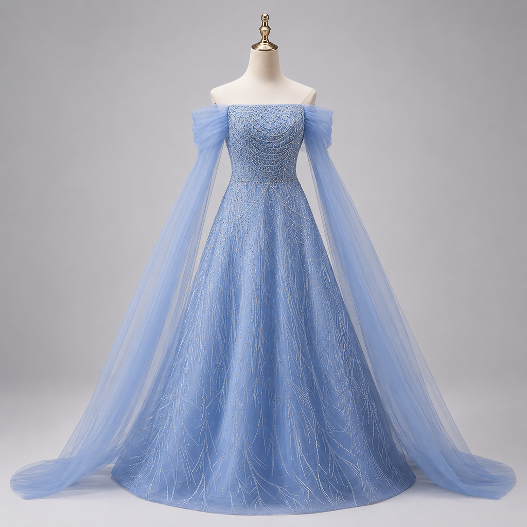 Romantic Blue Off-Shoulder Evening Gown with Soft Tulle Draping SL205