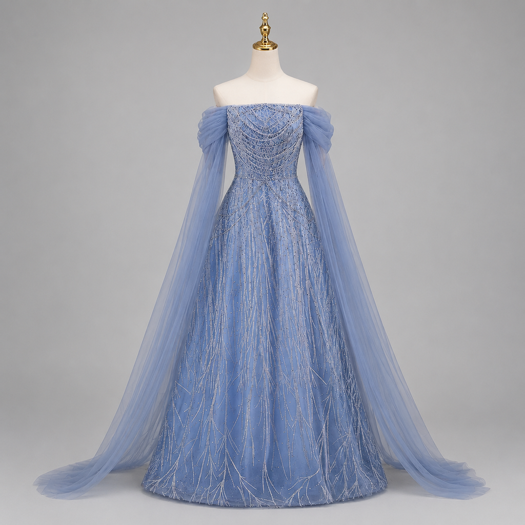 Romantic Blue Off-Shoulder Evening Gown with Soft Tulle Draping SL205