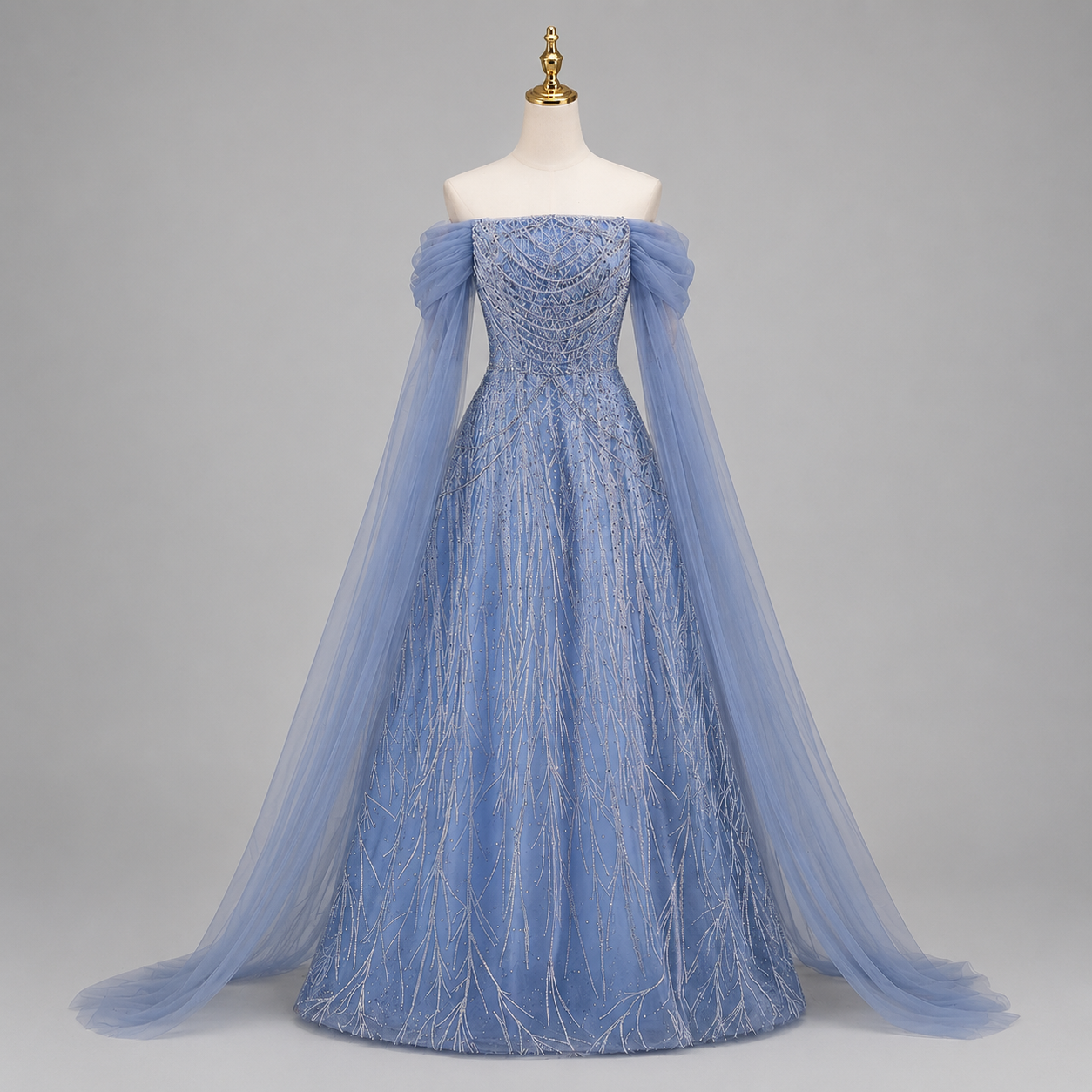 Romantic Blue Off-Shoulder Evening Gown with Soft Tulle Draping SL205