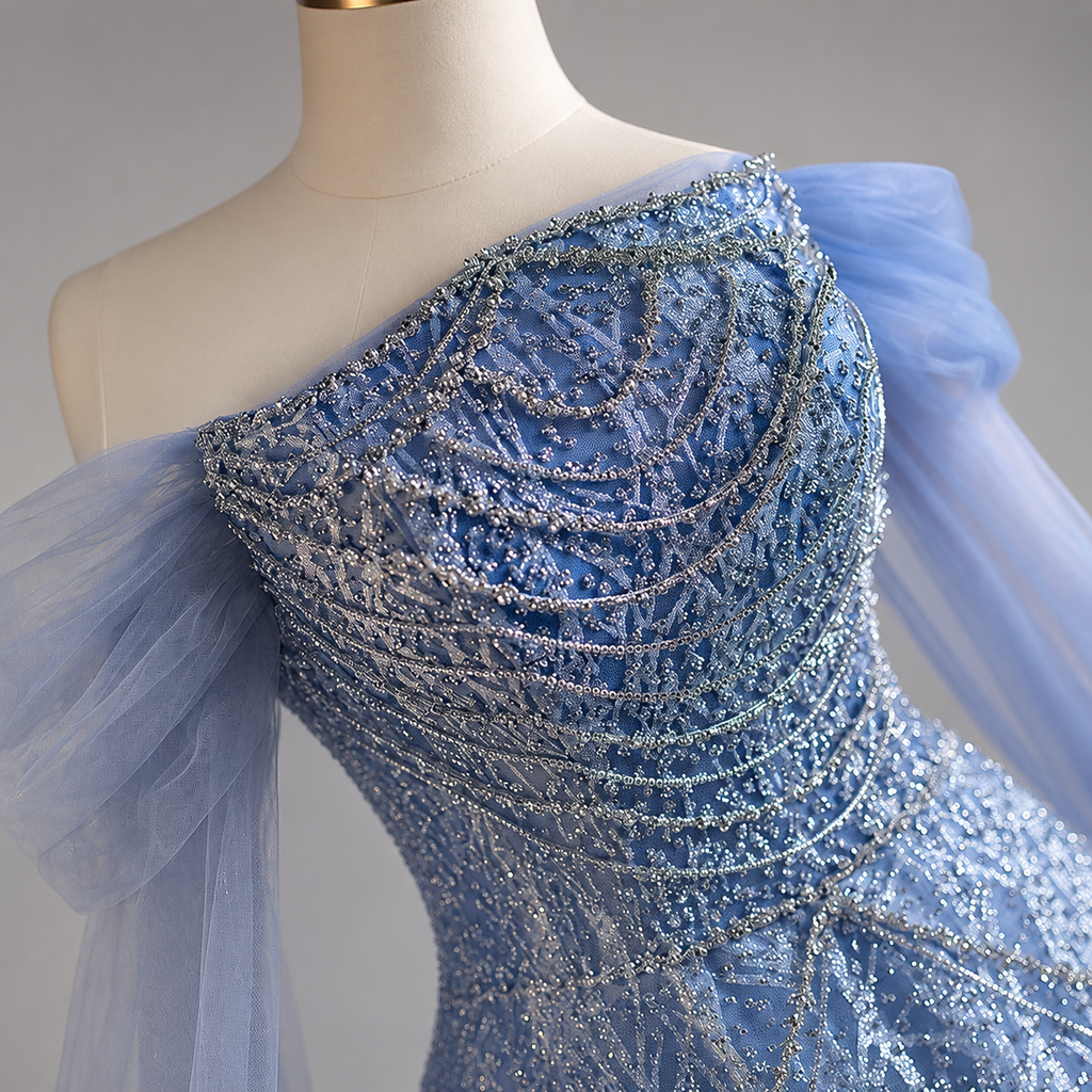 Romantic Blue Off-Shoulder Evening Gown with Soft Tulle Draping SL205