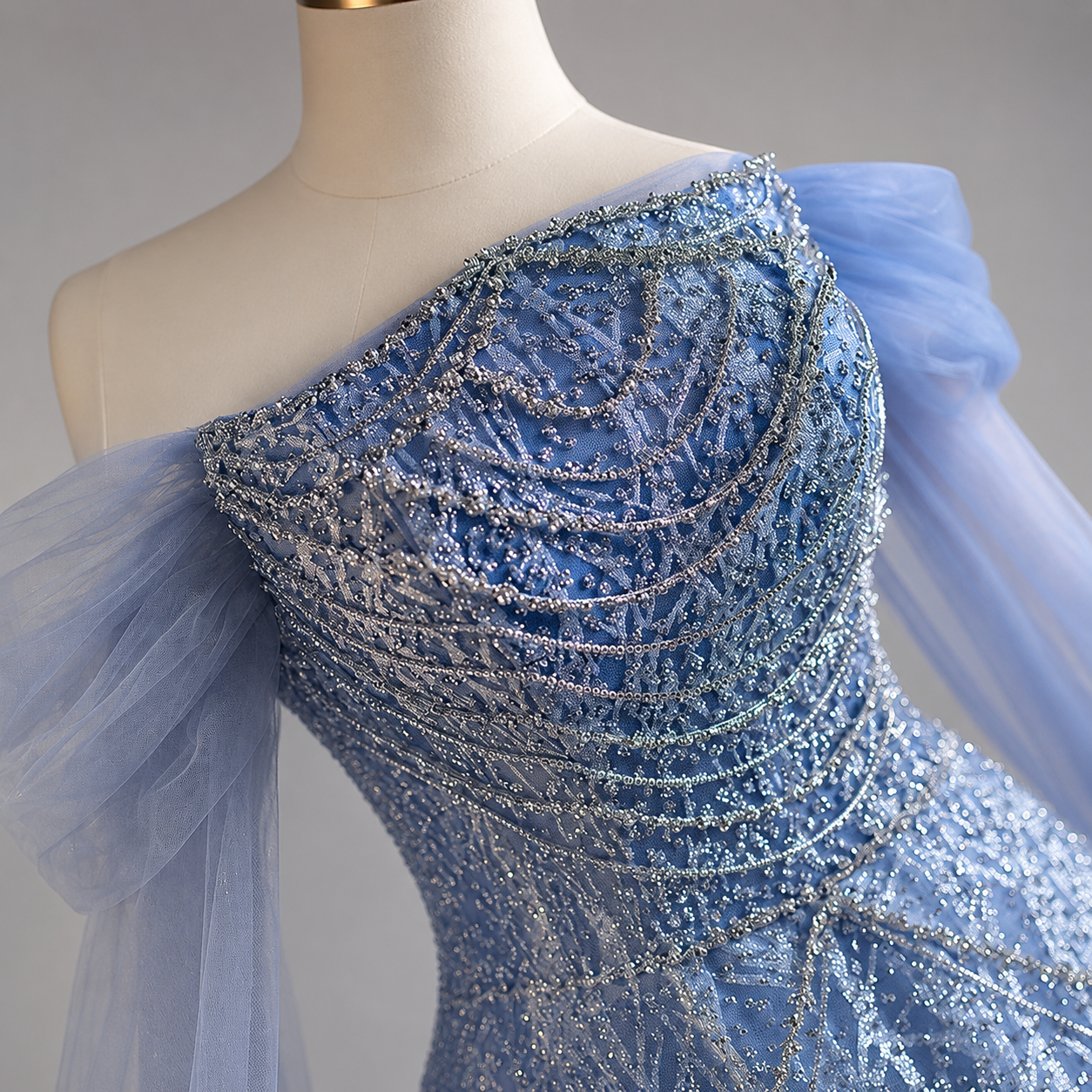 Romantic Blue Off-Shoulder Evening Gown with Soft Tulle Draping SL205