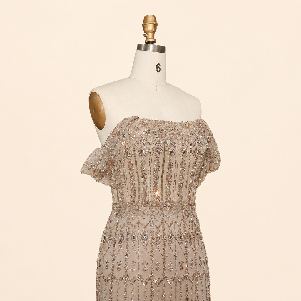 Elegant White Beaded Formal Dress with Short Sleeves SL209