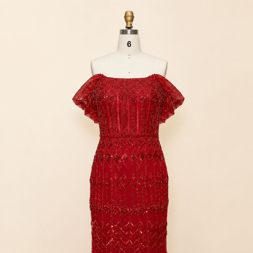 Elegant White Beaded Formal Dress with Short Sleeves SL209
