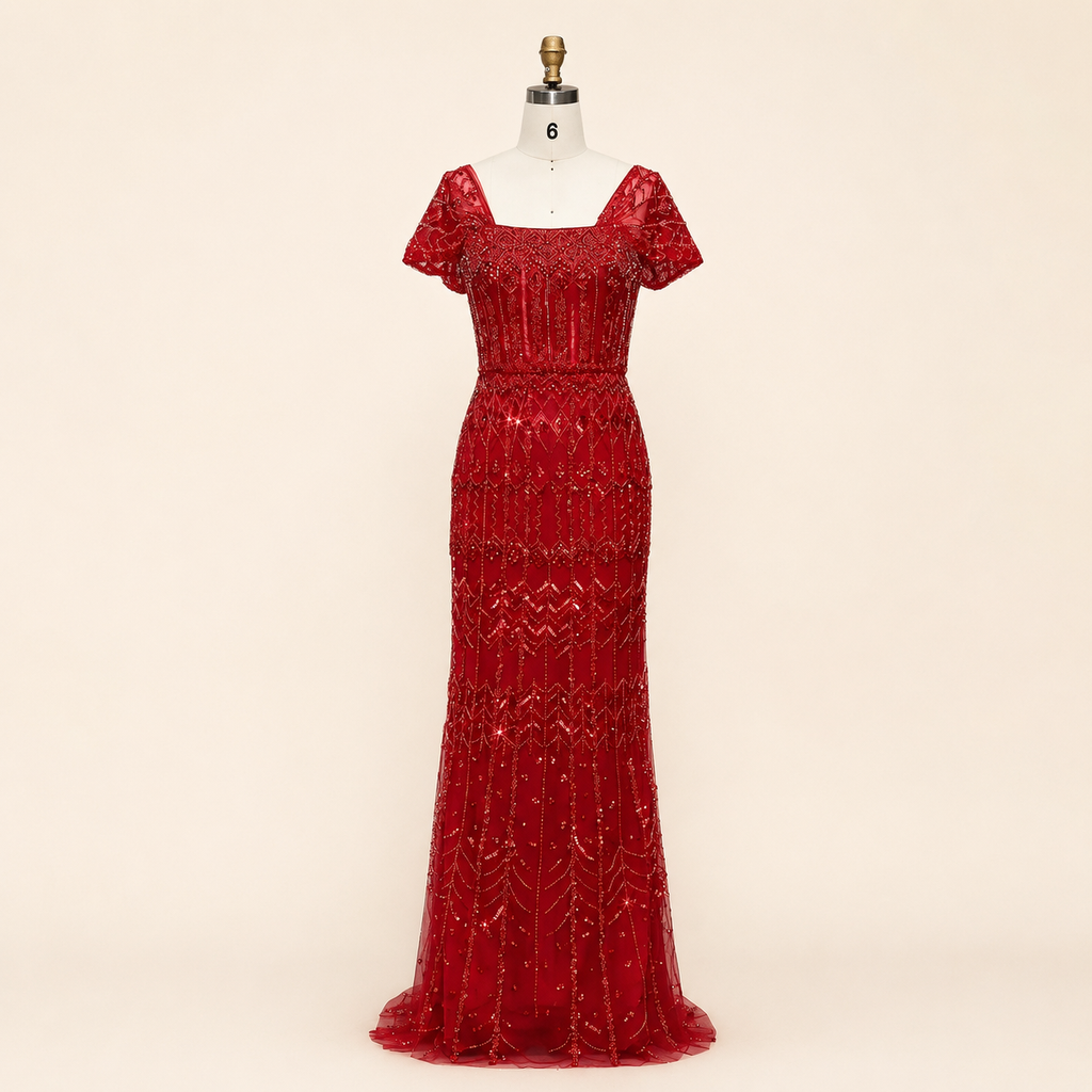 Elegant White Beaded Formal Dress with Short Sleeves SL209
