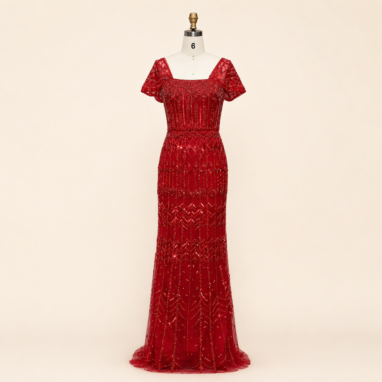 Elegant White Beaded Formal Dress with Short Sleeves SL209