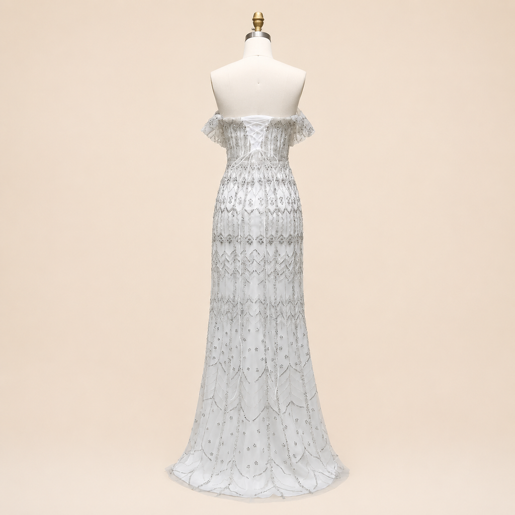 Elegant White Beaded Formal Dress with Short Sleeves SL209