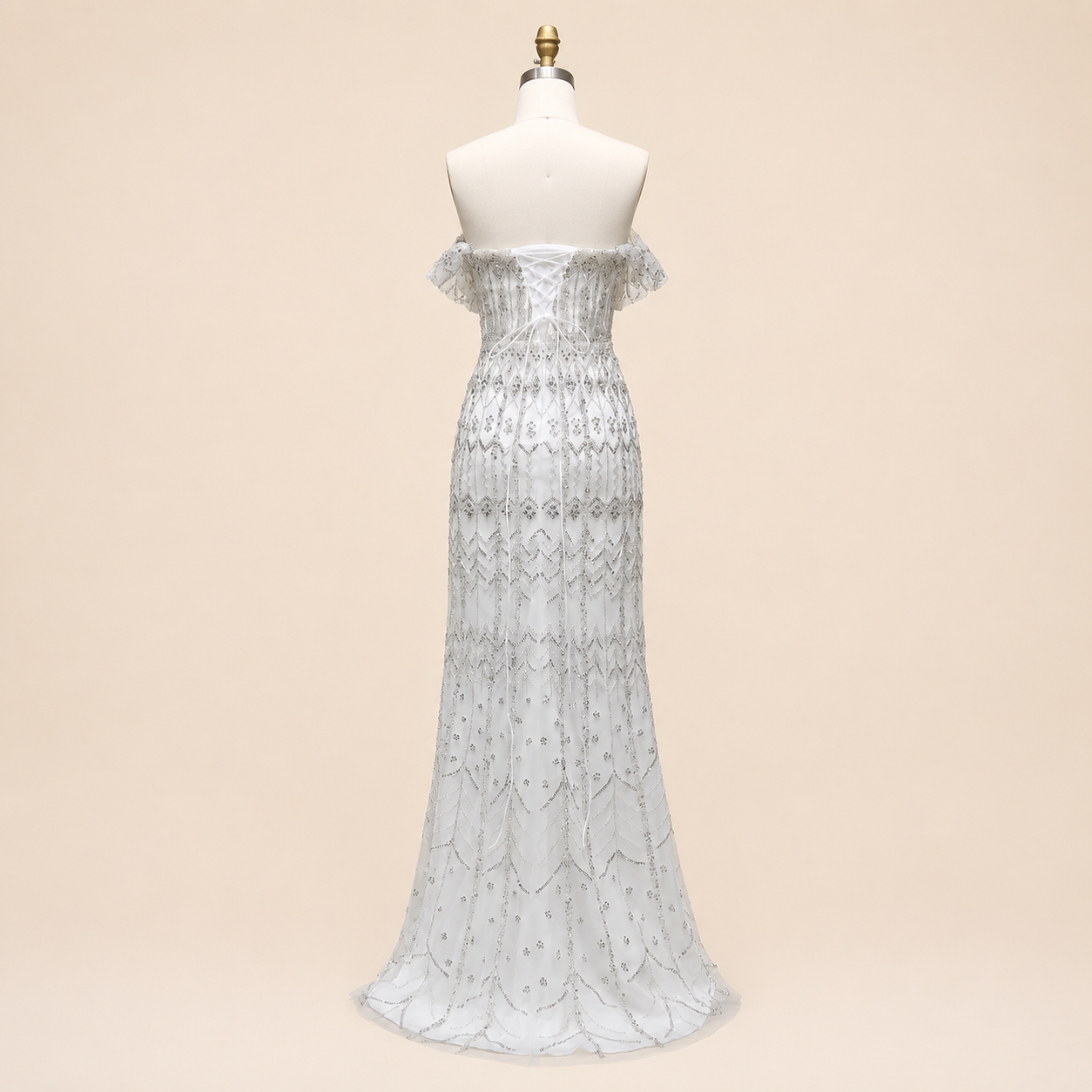 Elegant White Beaded Formal Dress with Short Sleeves SL209