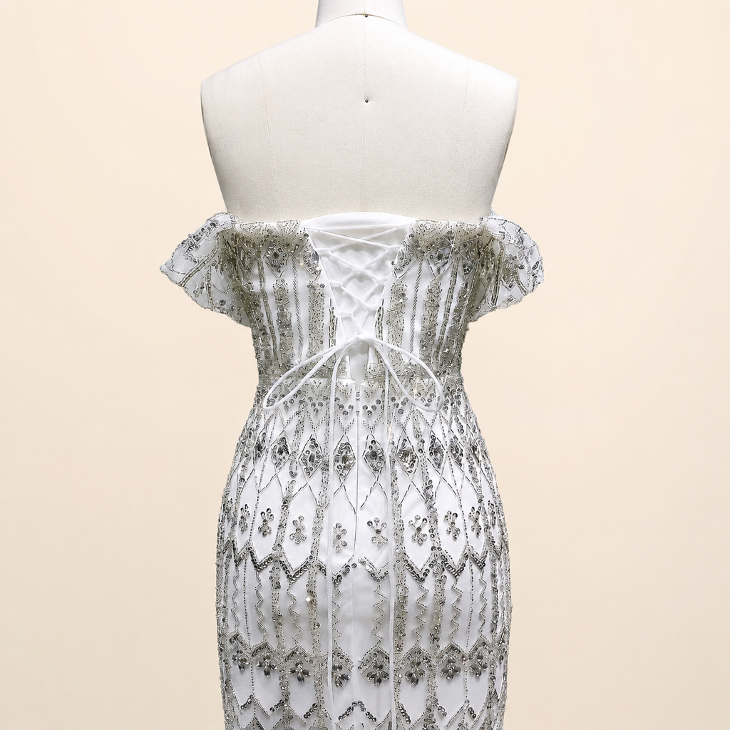 Elegant White Beaded Formal Dress with Short Sleeves SL209