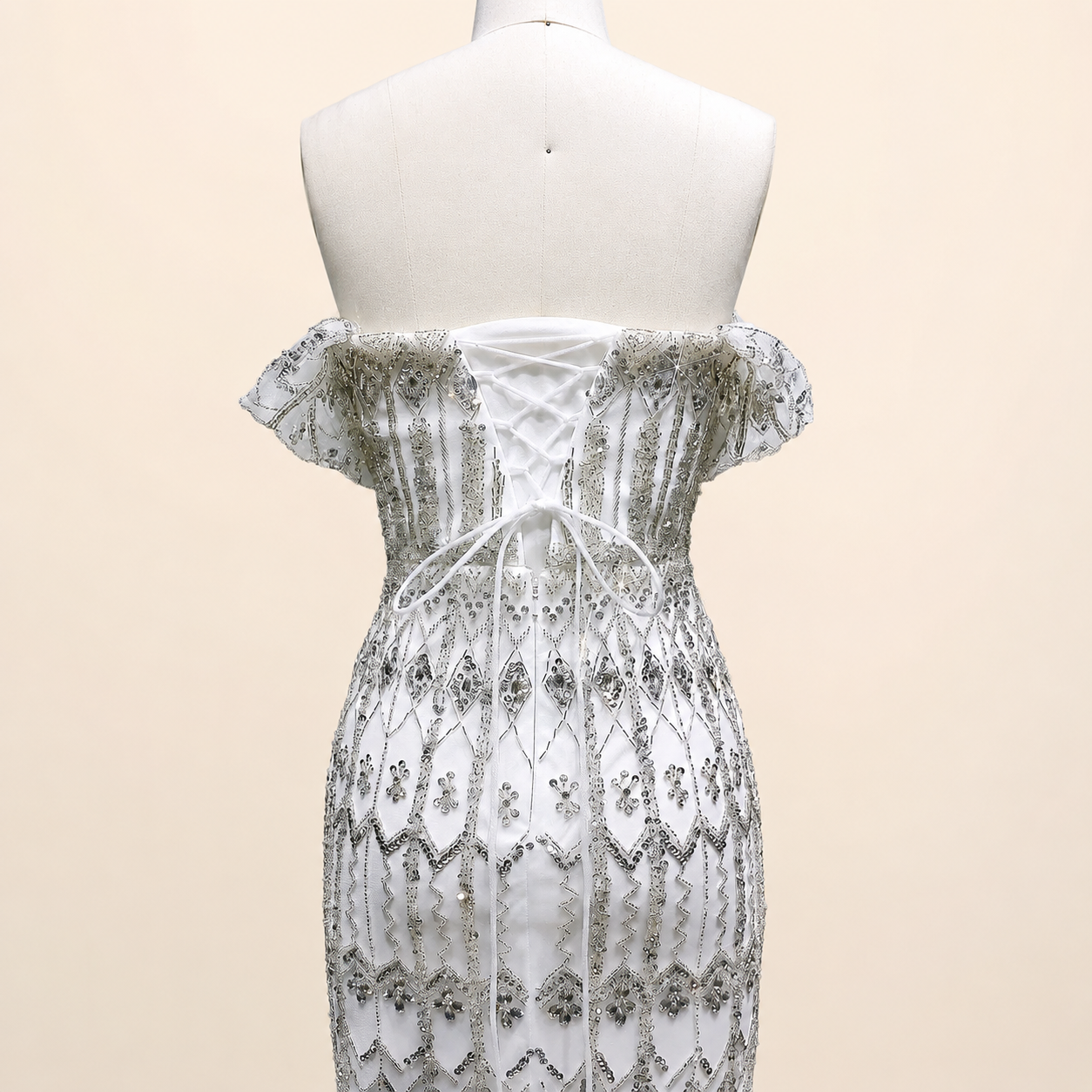 Elegant White Beaded Formal Dress with Short Sleeves SL209