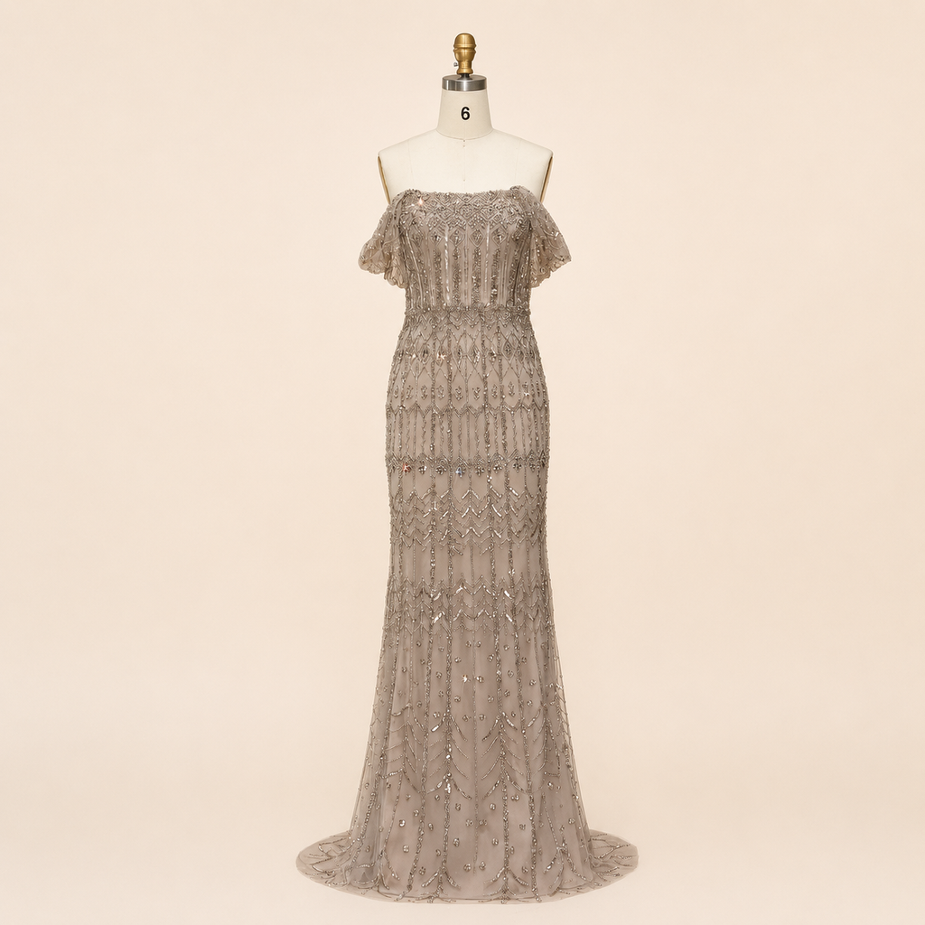 Elegant White Beaded Formal Dress with Short Sleeves SL209