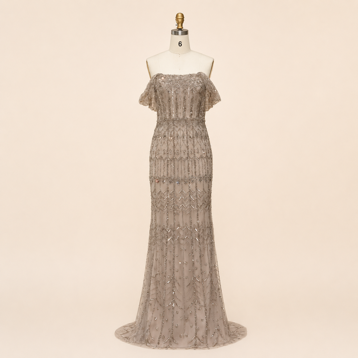 Elegant White Beaded Formal Dress with Short Sleeves SL209