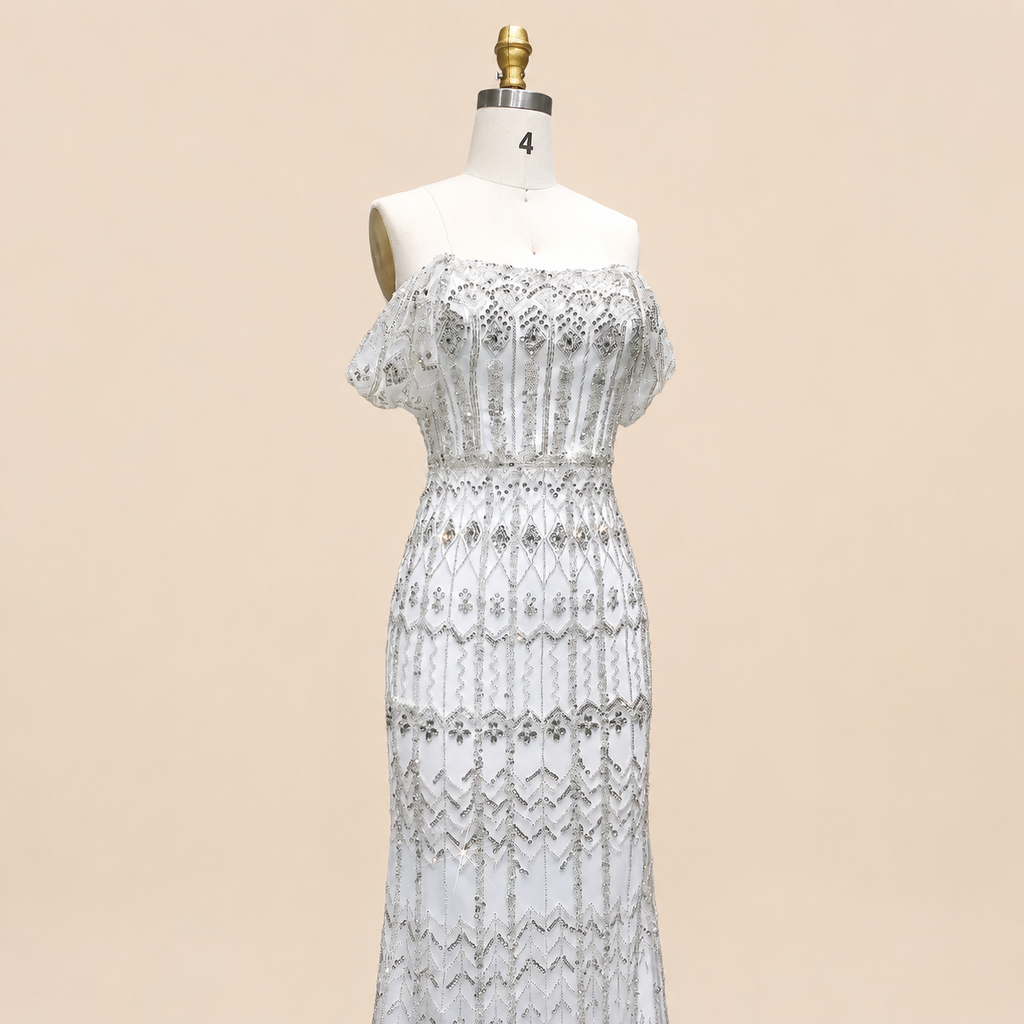 Elegant White Beaded Formal Dress with Short Sleeves SL209