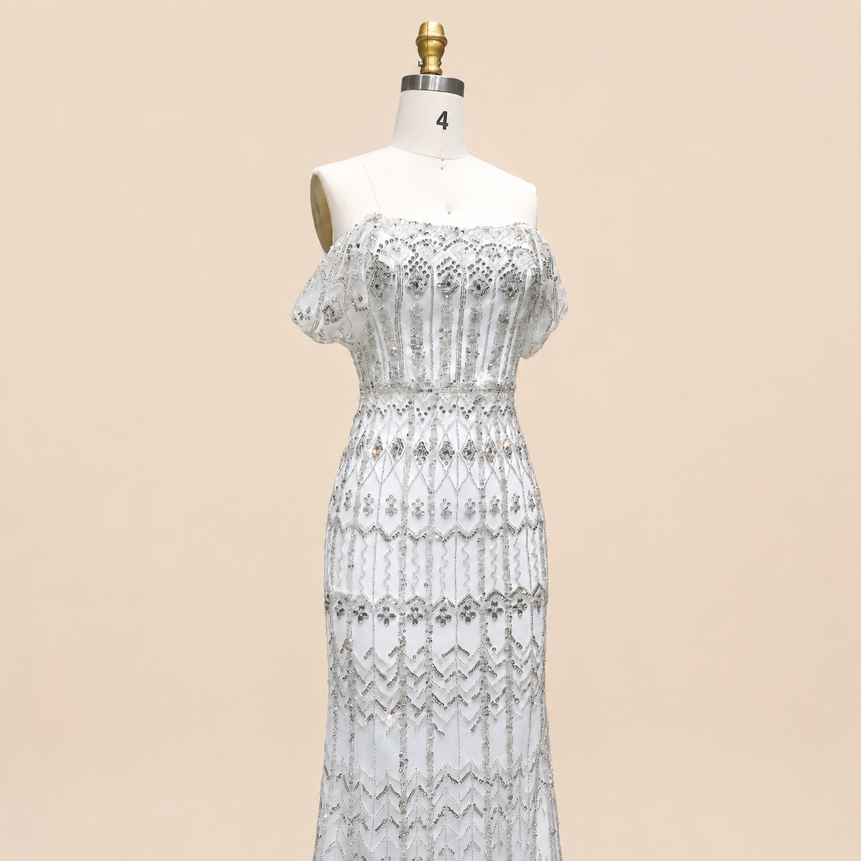 Elegant White Beaded Formal Dress with Short Sleeves SL209
