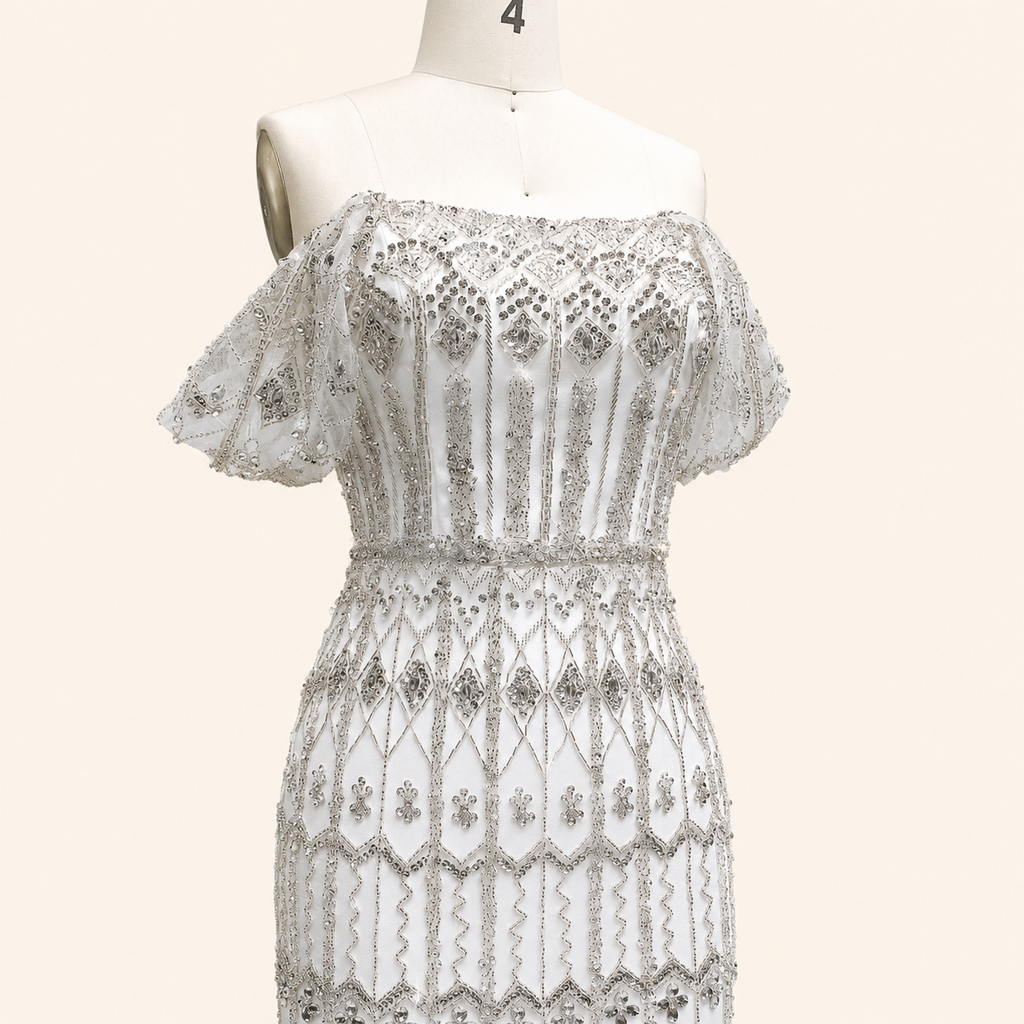 Elegant White Beaded Formal Dress with Short Sleeves SL209