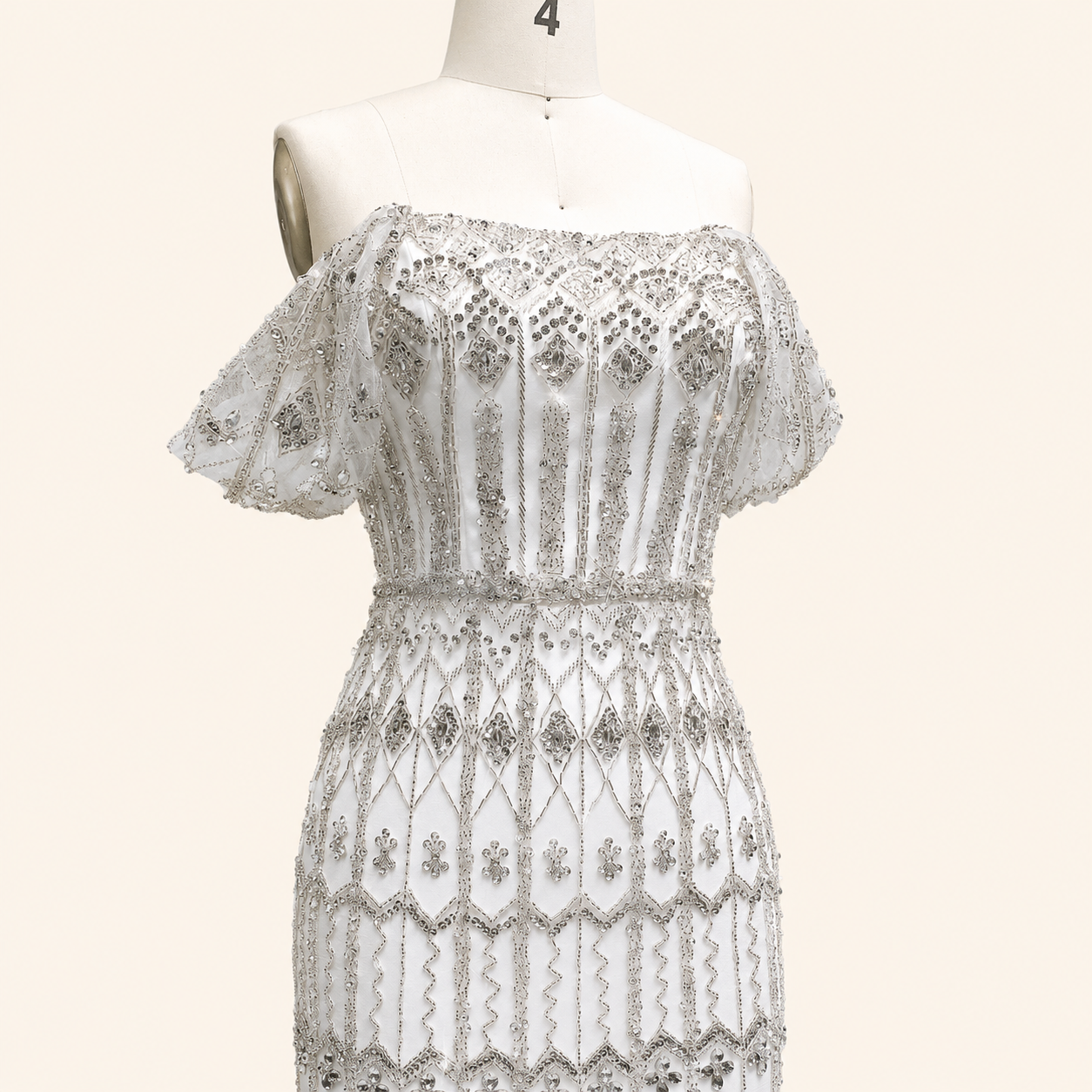 Elegant White Beaded Formal Dress with Short Sleeves SL209
