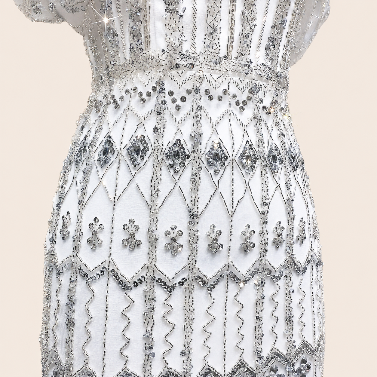 Elegant White Beaded Formal Dress with Short Sleeves SL209
