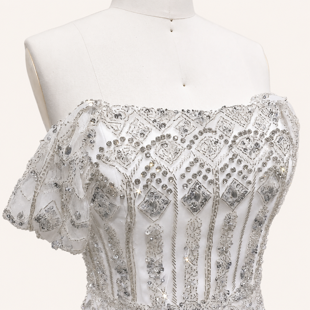 Elegant White Beaded Formal Dress with Short Sleeves SL209