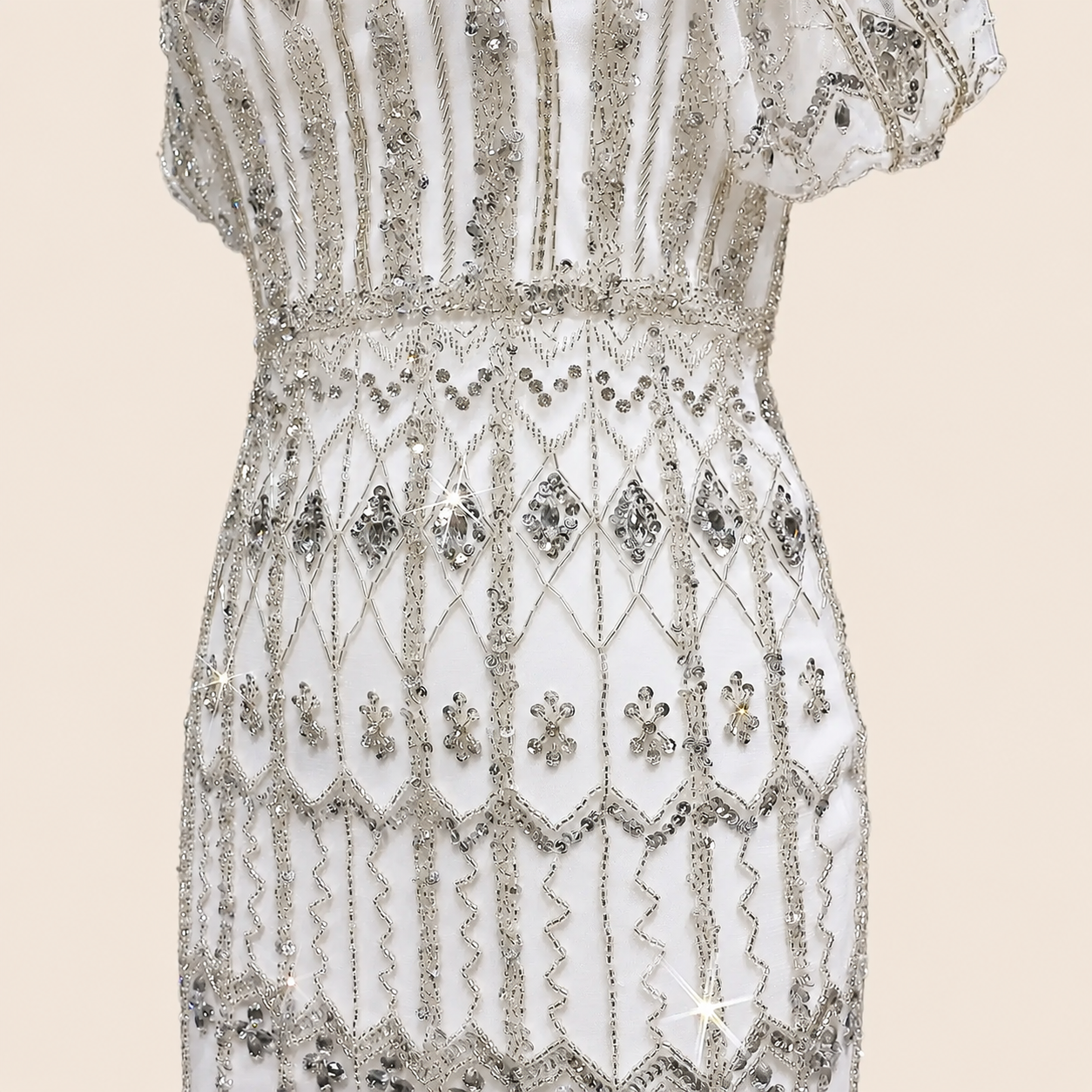 Elegant White Beaded Formal Dress with Short Sleeves SL209