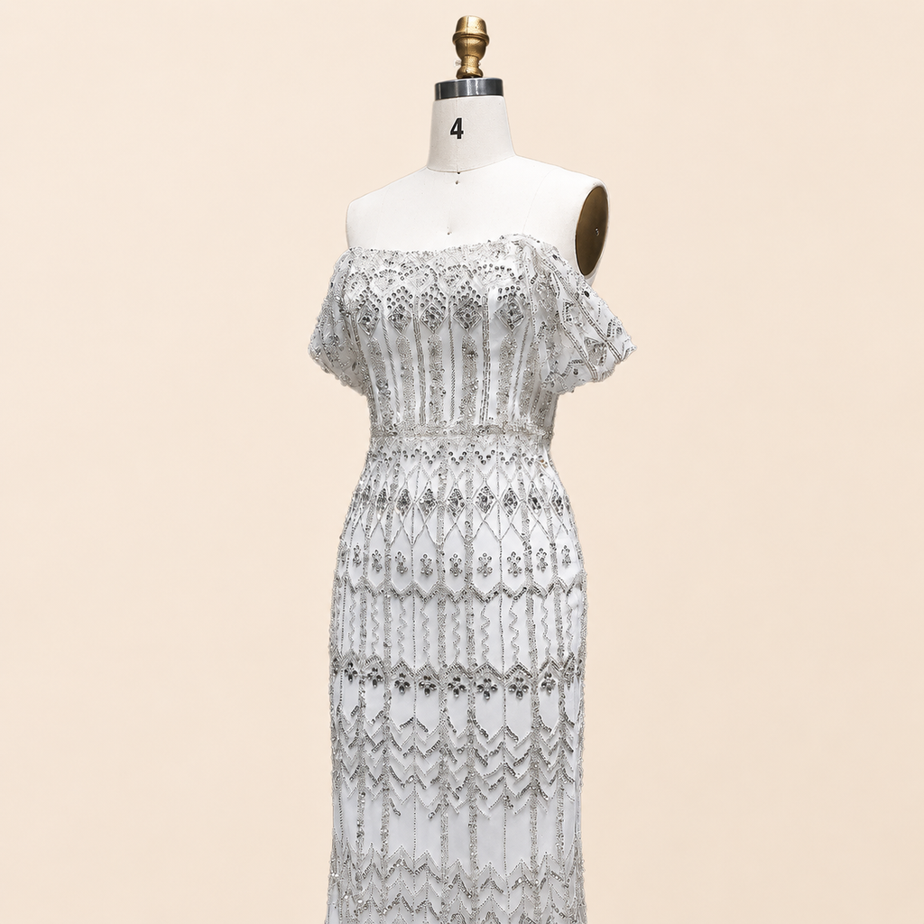 Elegant White Beaded Formal Dress with Short Sleeves SL209