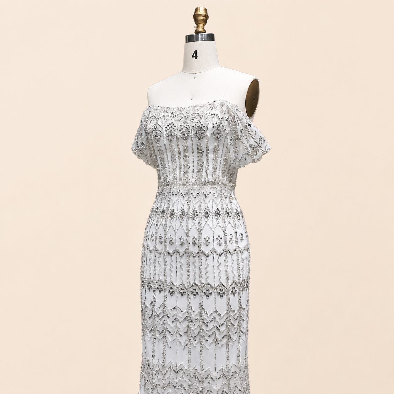 Elegant White Beaded Formal Dress with Short Sleeves SL209