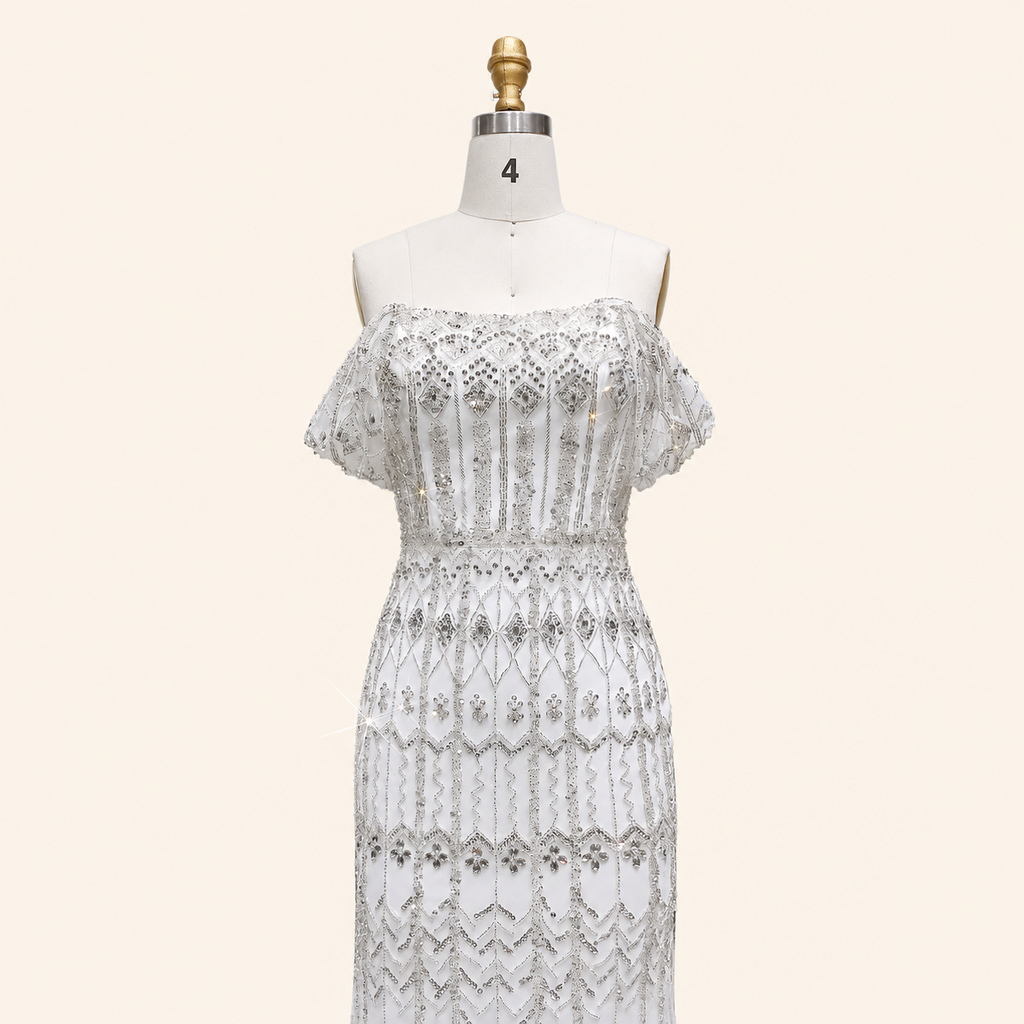Elegant White Beaded Formal Dress with Short Sleeves SL209