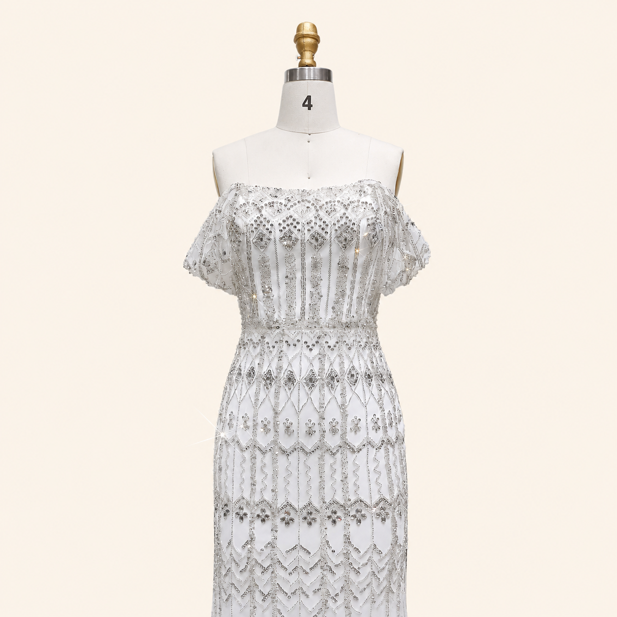 Elegant White Beaded Formal Dress with Short Sleeves SL209