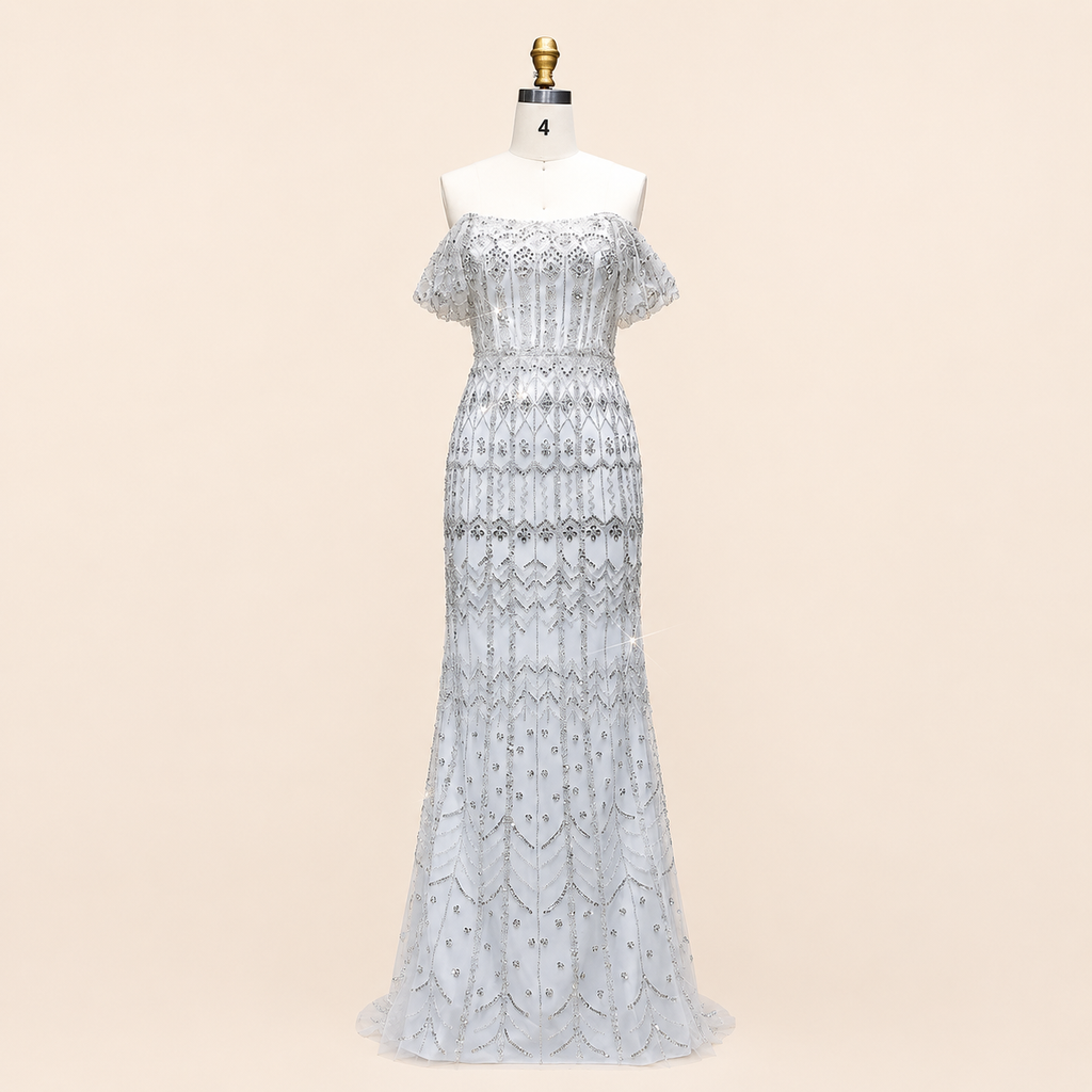 Elegant White Beaded Formal Dress with Short Sleeves SL209