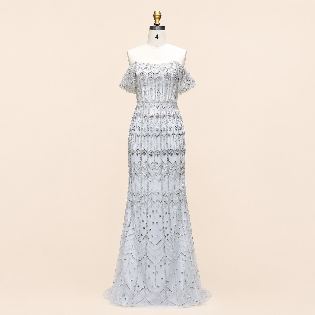 Elegant White Beaded Formal Dress with Short Sleeves SL209
