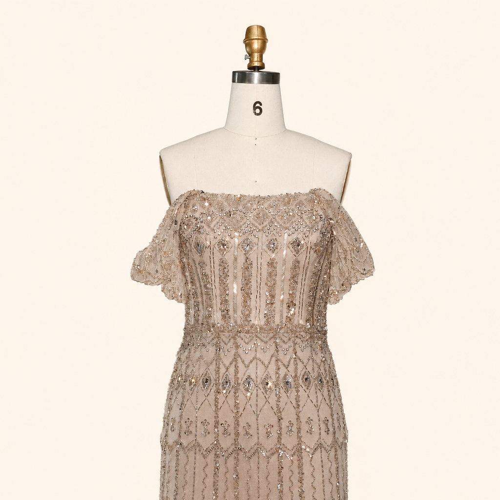 Elegant White Beaded Formal Dress with Short Sleeves SL209