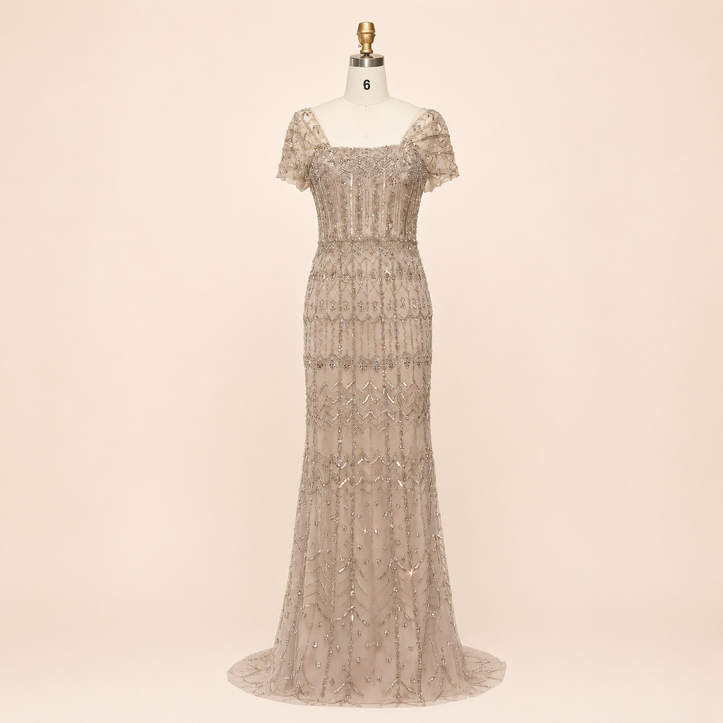 Elegant White Beaded Formal Dress with Short Sleeves SL209