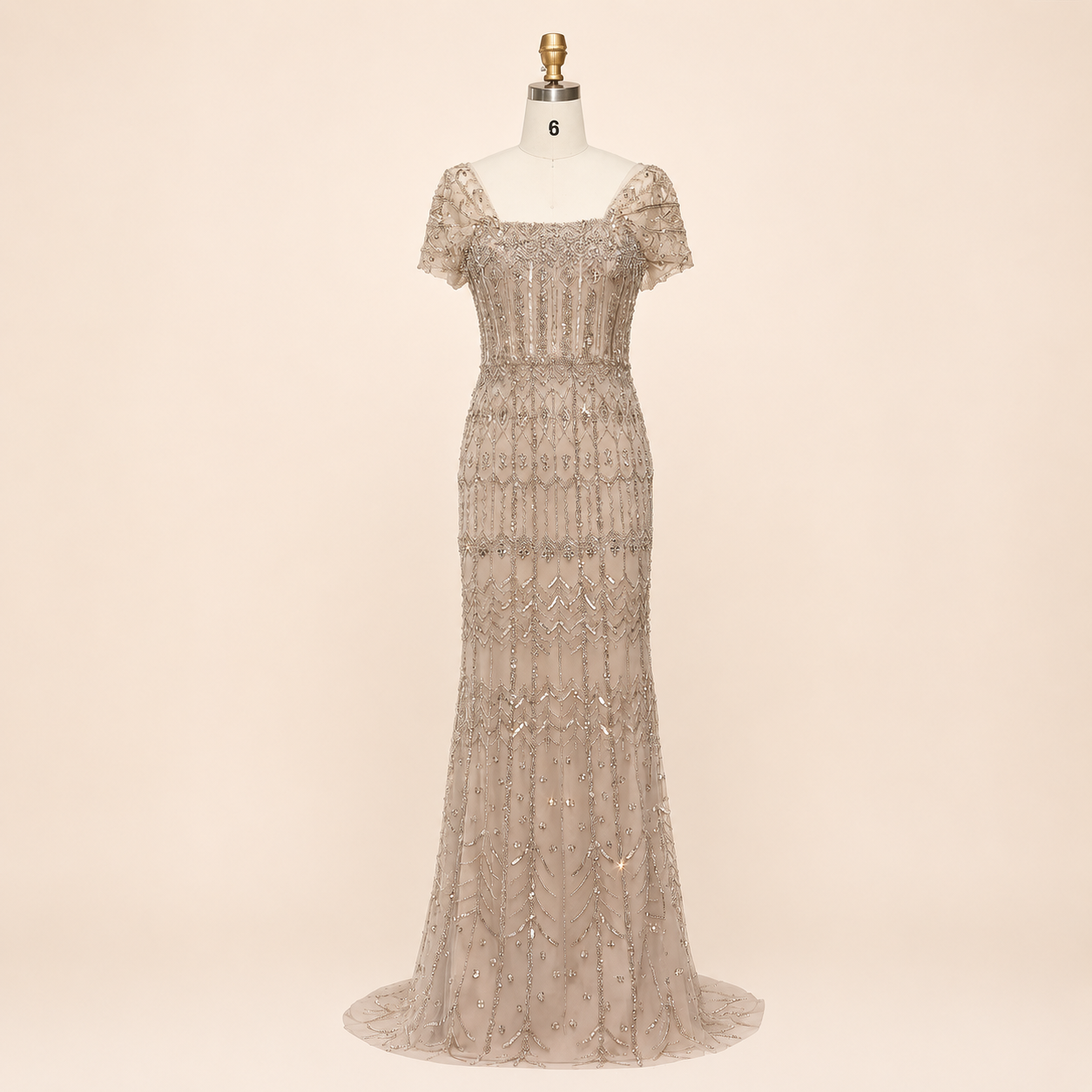 Elegant White Beaded Formal Dress with Short Sleeves SL209