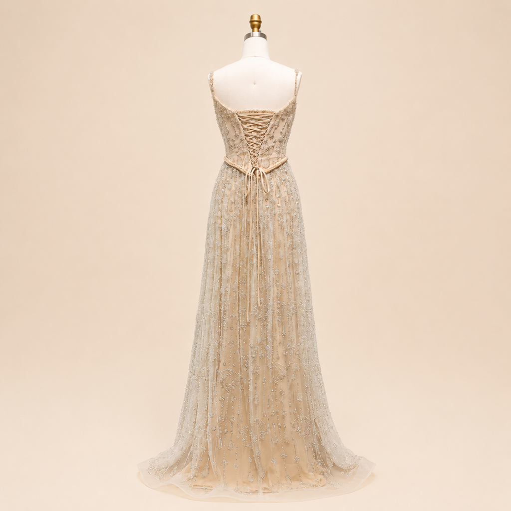Elegant Sage Green Beads Evening Dress with Spaghetti Straps SL210