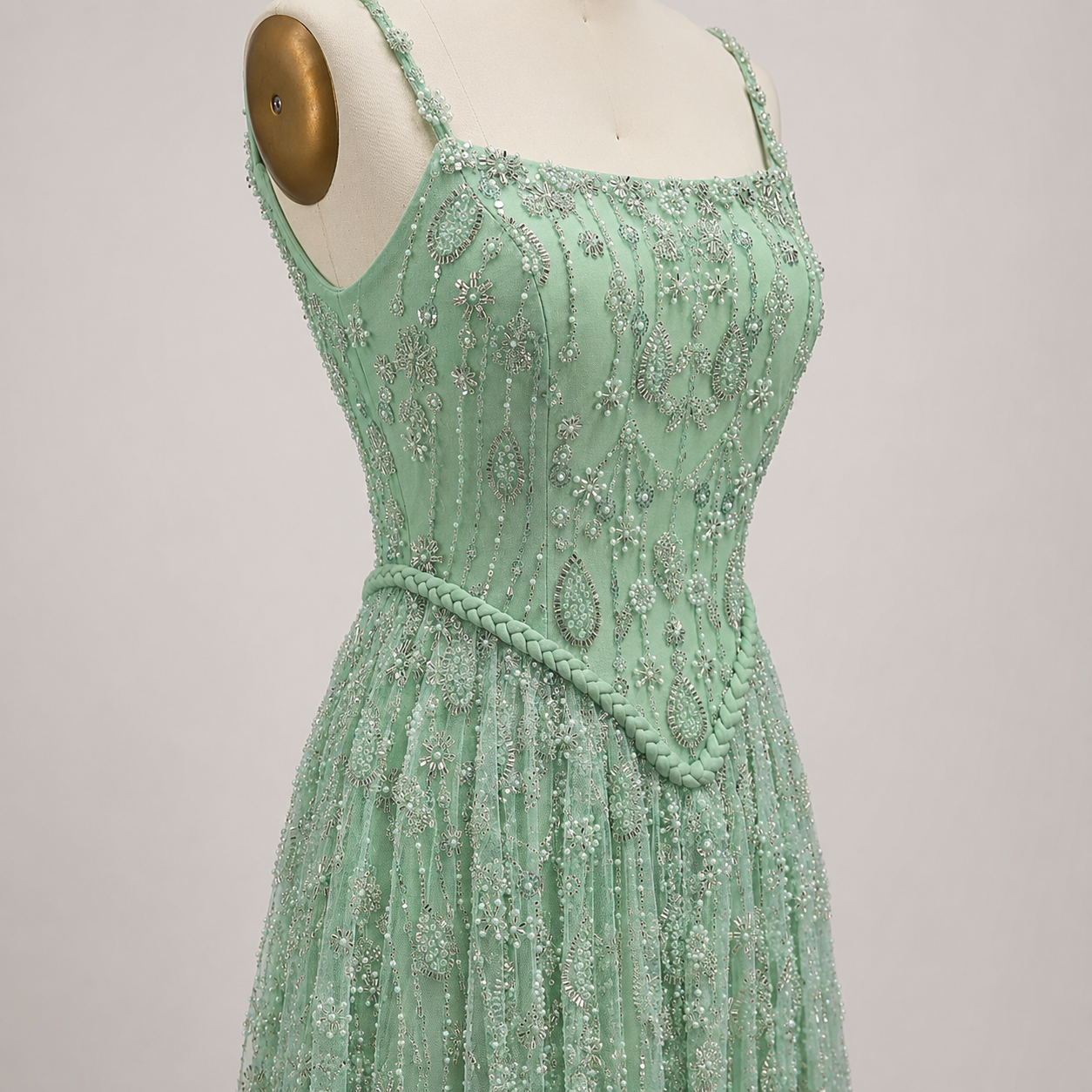 Elegant Sage Green Beads Evening Dress with Spaghetti Straps SL210