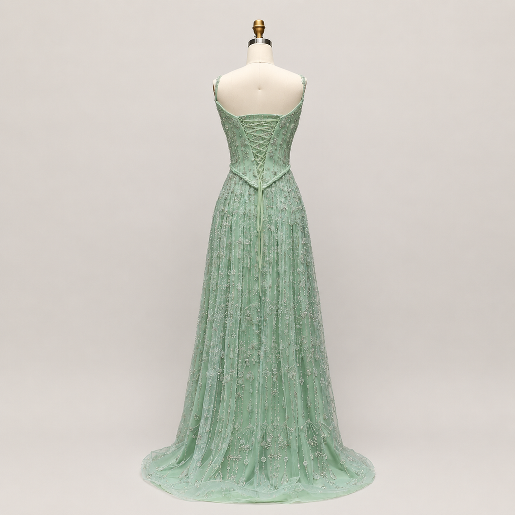Elegant Sage Green Beads Evening Dress with Spaghetti Straps SL210