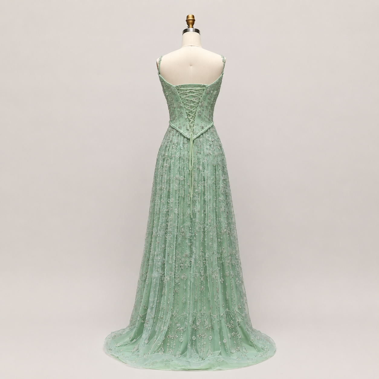 Elegant Sage Green Beads Evening Dress with Spaghetti Straps SL210