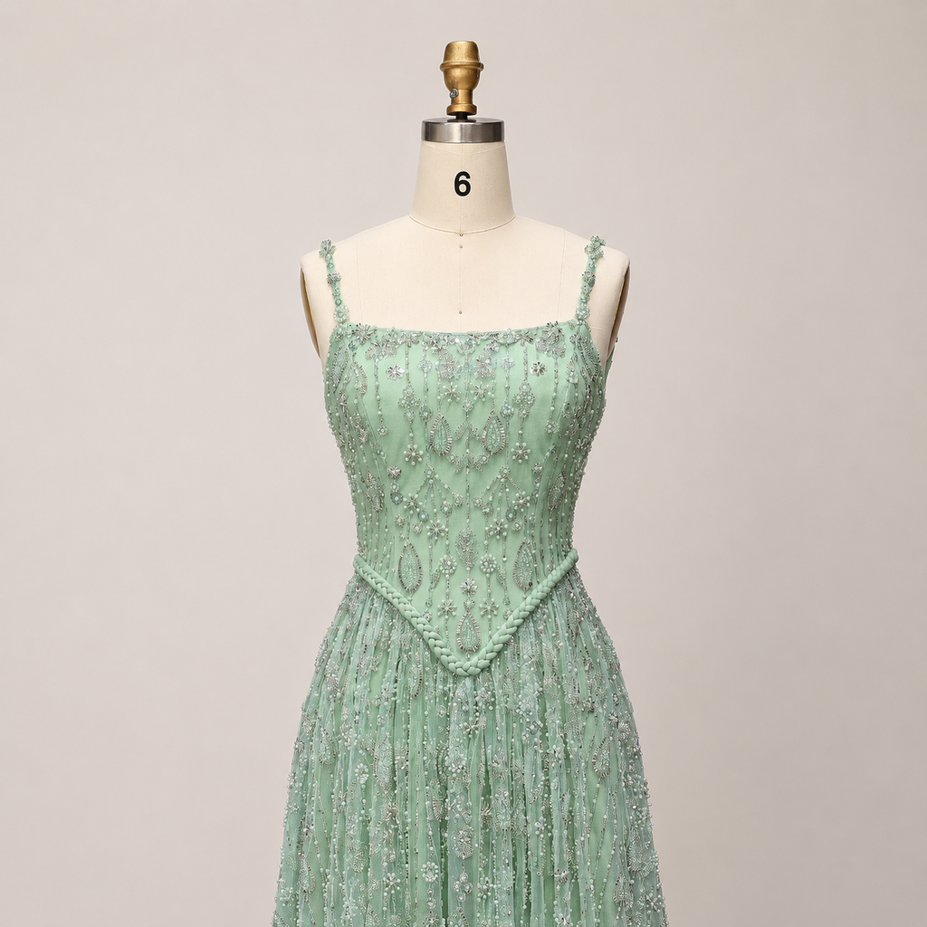 Elegant Sage Green Beads Evening Dress with Spaghetti Straps SL210
