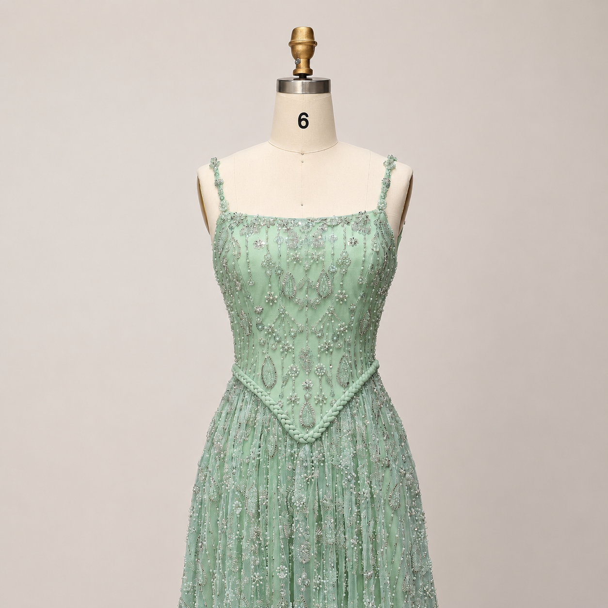 Elegant Sage Green Beads Evening Dress with Spaghetti Straps SL210