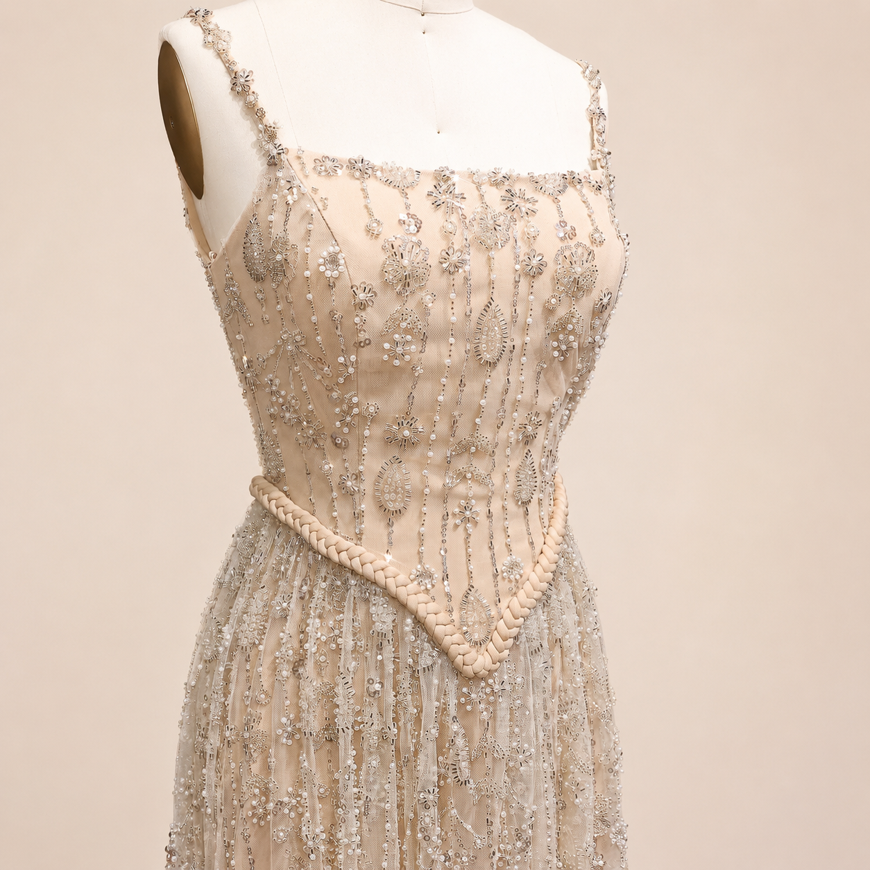 Elegant Sage Green Beads Evening Dress with Spaghetti Straps SL210