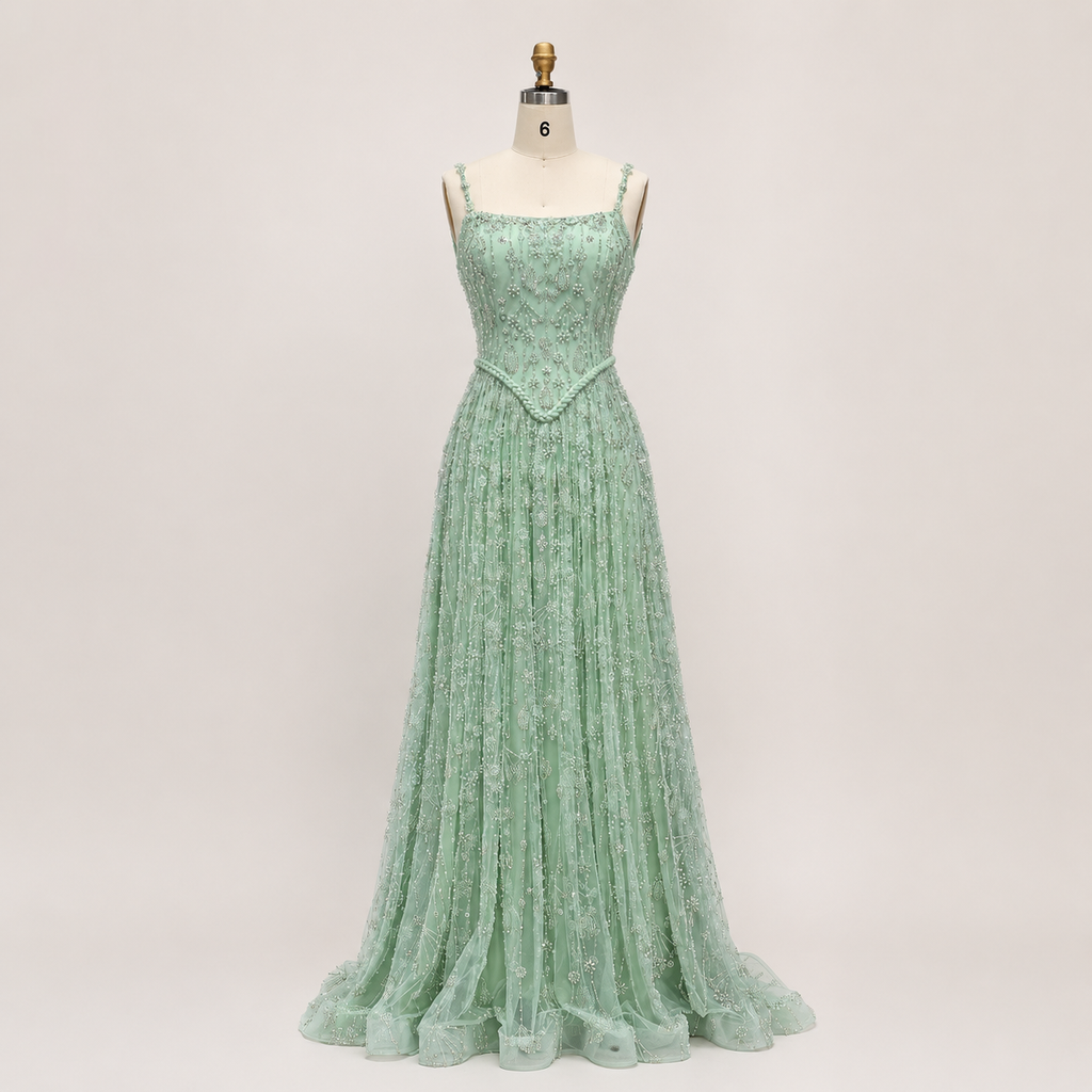 Elegant Sage Green Beads Evening Dress with Spaghetti Straps SL210