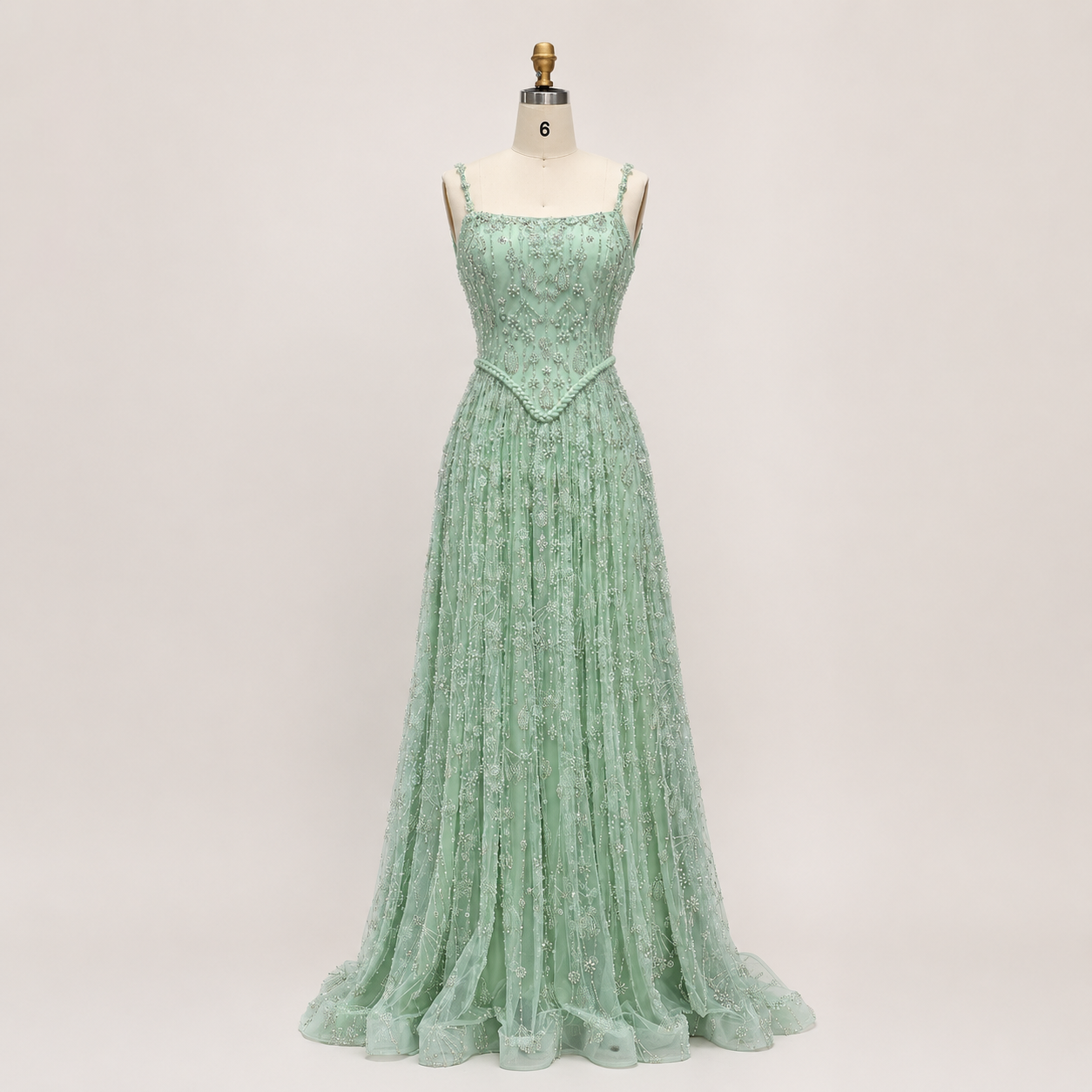 Elegant Sage Green Beads Evening Dress with Spaghetti Straps SL210