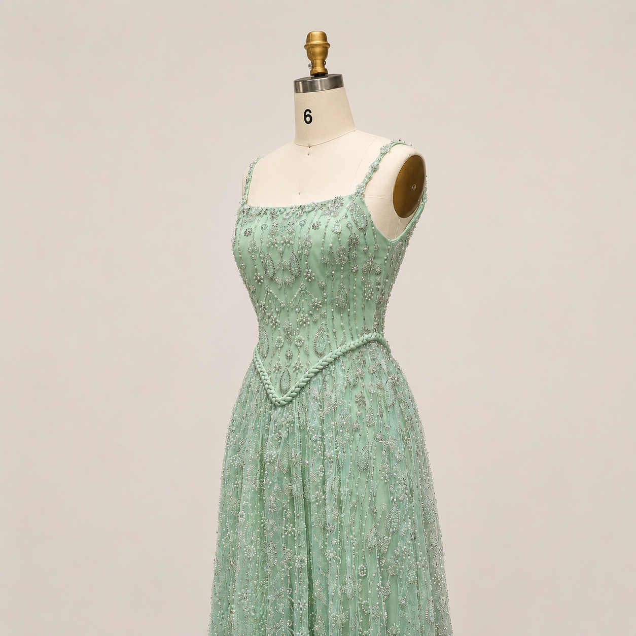 Elegant Sage Green Beads Evening Dress with Spaghetti Straps SL210