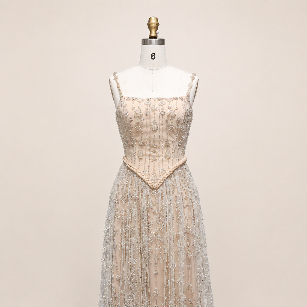 Elegant Sage Green Beads Evening Dress with Spaghetti Straps SL210